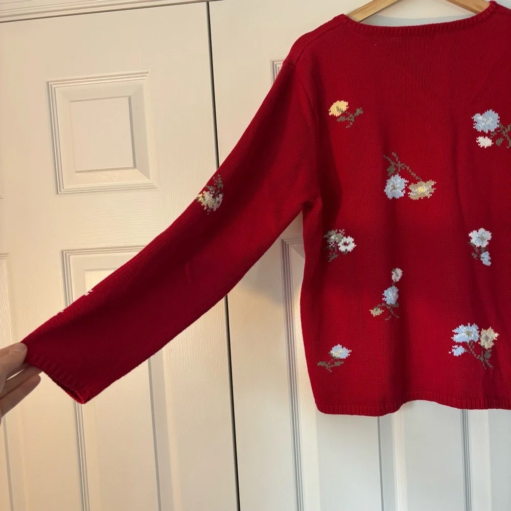 Vintage Eddie Bauer Red Floral Cotton Embroidered Sweater Preppy Granny Cottage - Picture 7 of 7